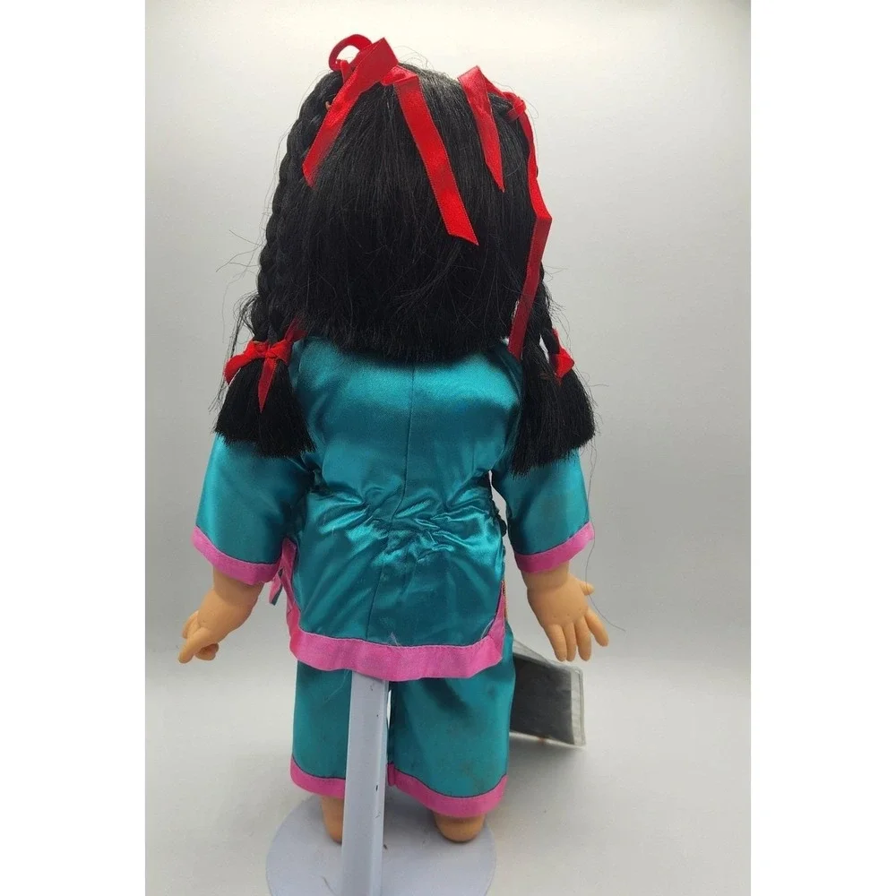 Vintage Chinese Ruby Doll Turquoise Satin Brocade Outfit Passport and Stand